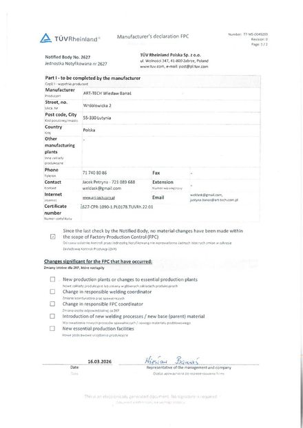 Deklaracja Zakładowej Kontroli Produkcji EN 1090, TÜV Rheinland