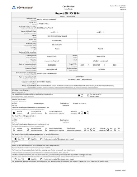 Raport z audytu EN ISO 3834-2, TÜV Rheinland